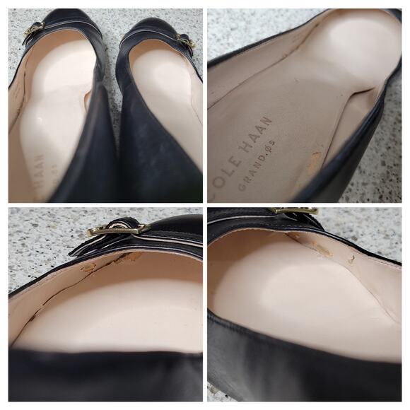 Cole Haan Grand OS Black Leather Closed Round Toe Gold Buckle Wedge Heel✨️9B - Picture 11 of 15